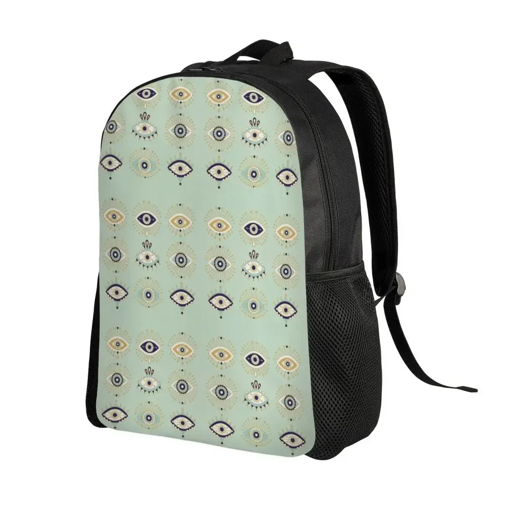 Custom Navy Blue White Mediterranean Evil Eye Mandala Pattern Backpacks Men Casual Bookbag for School College Bohemian Boho Bags