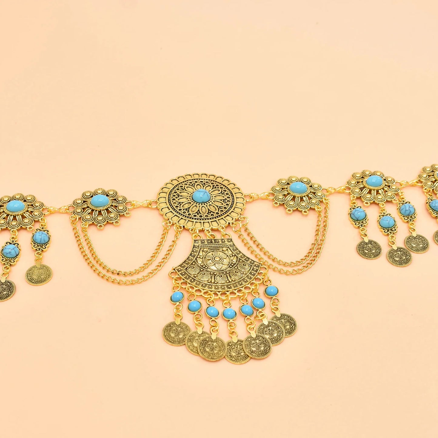Retro Geometric Carving Waist Chain Turquoise Coins Pendant Luxury Metal Dress Accessories Indian Gypsies Ethnic Jewelry Gift