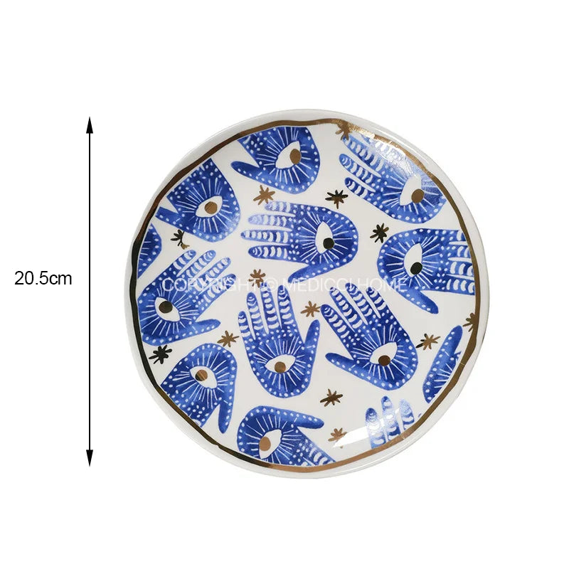Medicci Home GG Style Decor Bright Eyes Ceramic Dinner Plate Boho Art Ornate Round Salad Dessert Plate For Party 8 Inch Diameter