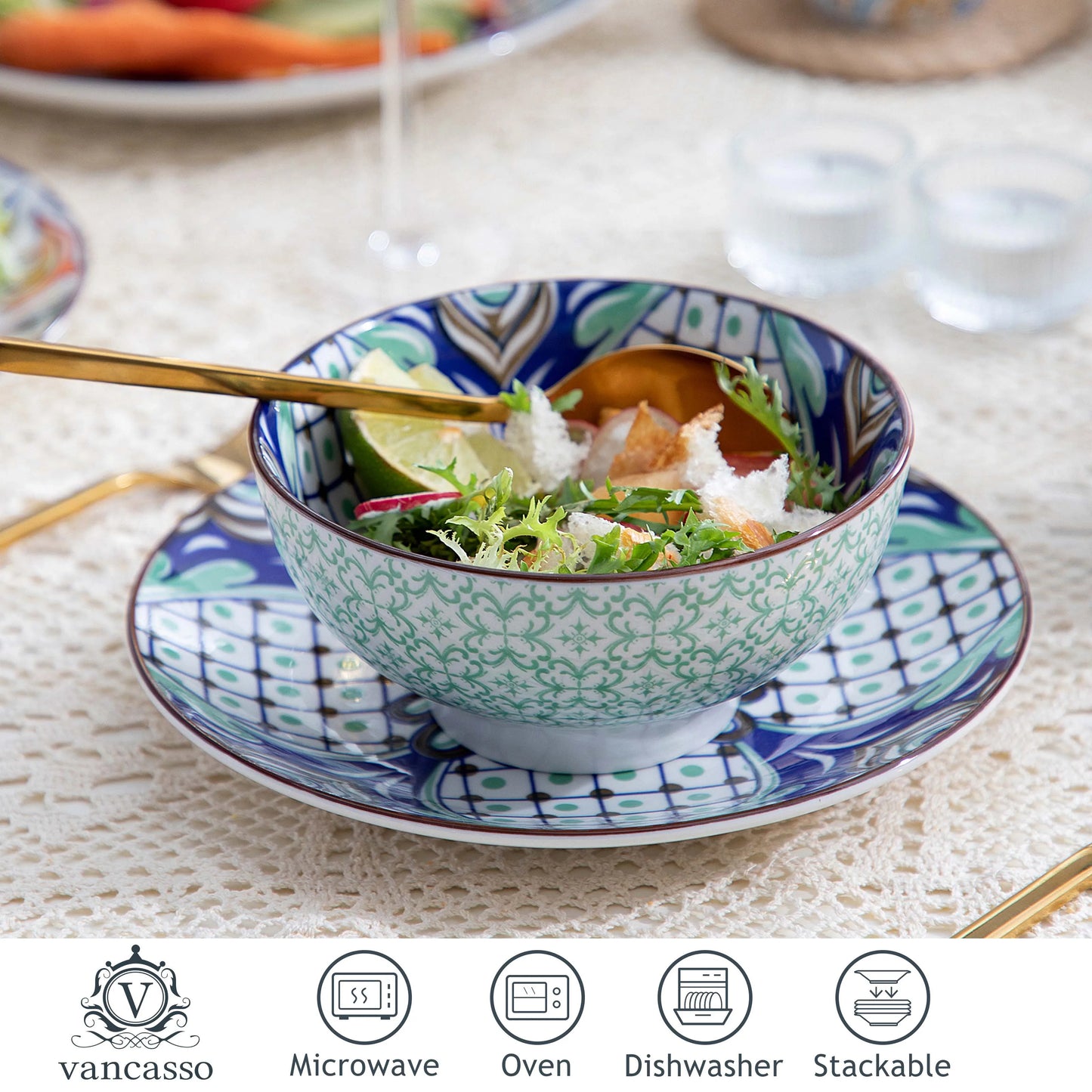 VANCASSO 16/32/48-Piece Jasmin Pattern Porcelain Tableware Dinnerware Dinner Set with Dinner Plate,Dessert Plate,Bowl,Mug Set