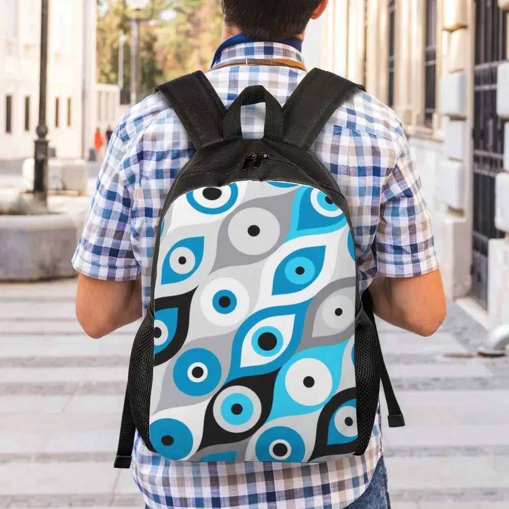 Custom Navy Blue White Mediterranean Evil Eye Mandala Pattern Backpacks Men Casual Bookbag for School College Bohemian Boho Bags