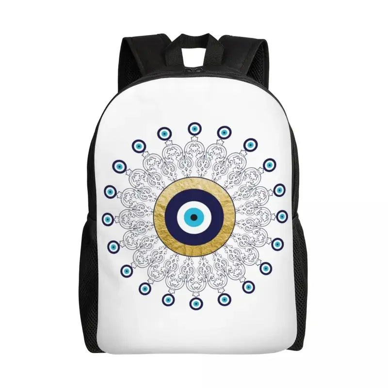 Custom Navy Blue White Mediterranean Evil Eye Mandala Pattern Backpacks Men Casual Bookbag for School College Bohemian Boho Bags