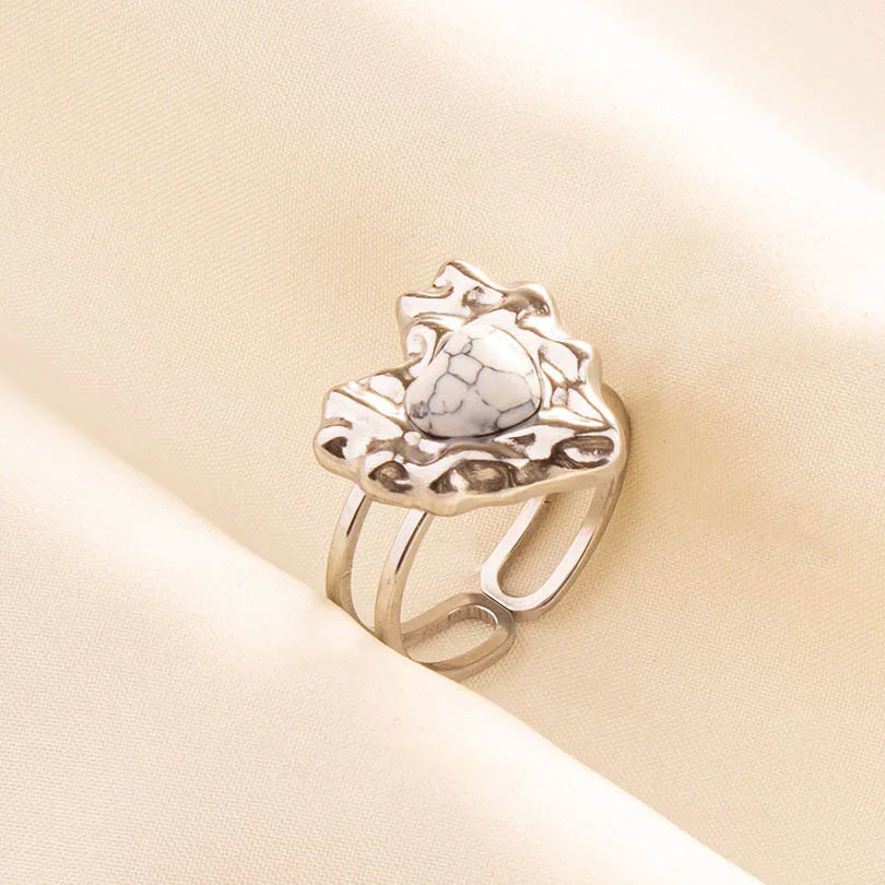 Chic Bohemian White Turquoise Statement Silver Color Ring Stainless Steel Opening Adjustable Boho Ring Jewelry Gifts Never Fade