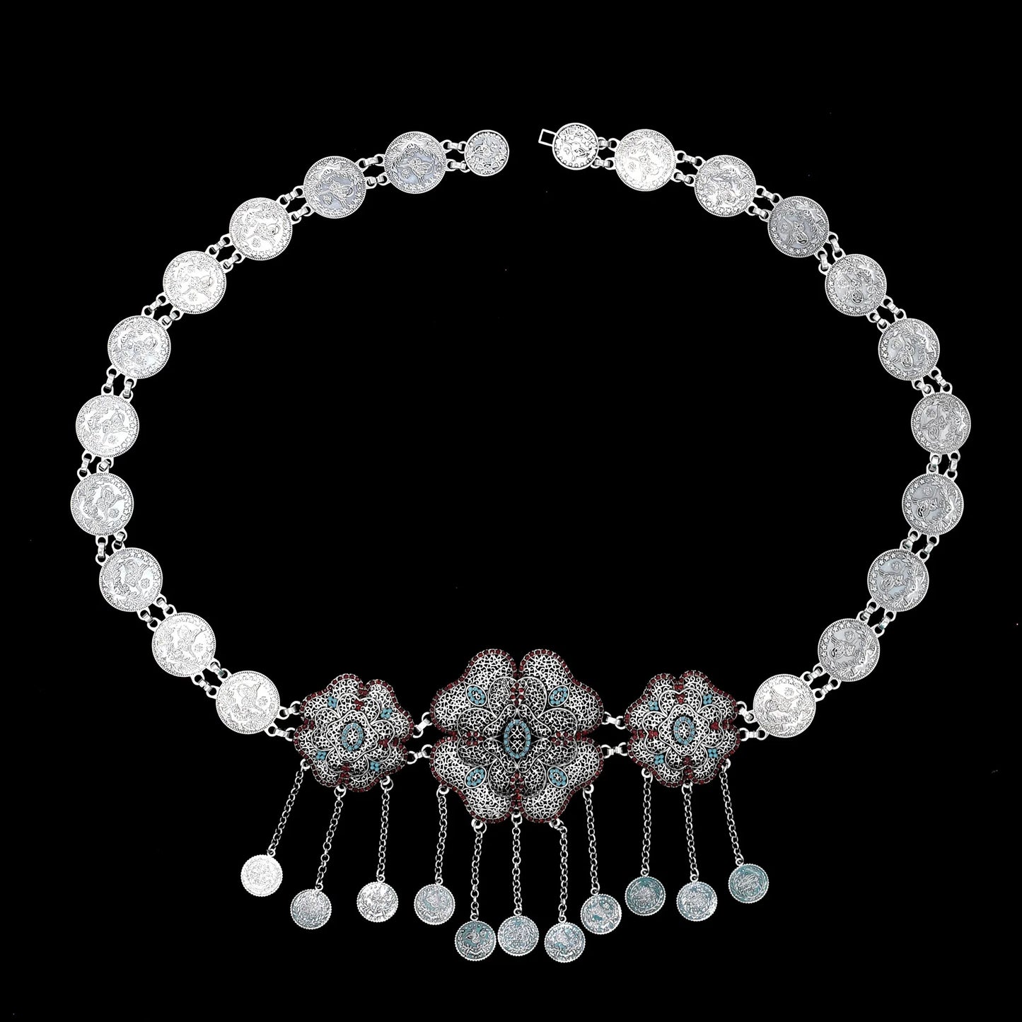 Hollow Out Flower Coins Chain Pendant Belt for Women Rhinestone Waist Chains Jewelry India Gypsy Dance Dress Accessories Gift