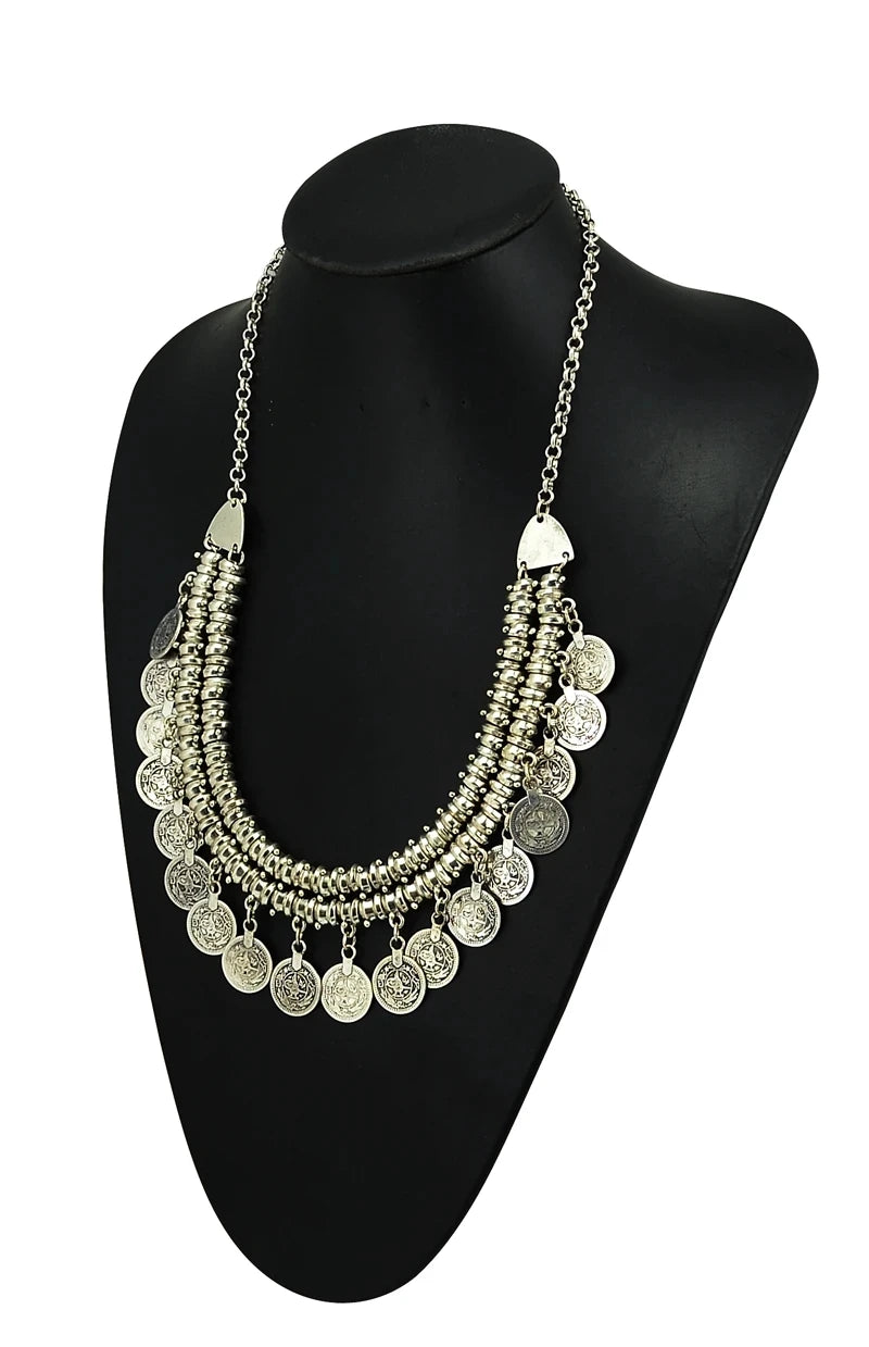 Boho Ethnic Turkish Gypsy Tribal Indian Beach Choker Bib Coin Tassel Collares Necklace For Women Vintage Silvery Afghan Jewelry