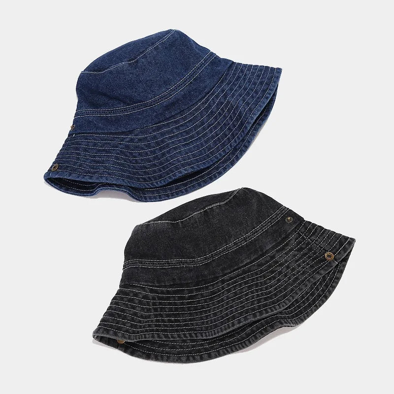 Women Girls Bucket Caps Pure Cotton Denim Stone-Washed Adjustable Safari Booney Sun Hats Wide Brim Adjustalbe