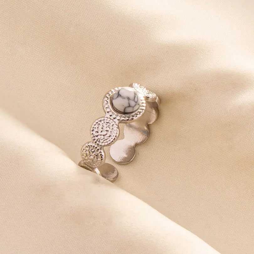 Chic Bohemian White Turquoise Statement Silver Color Ring Stainless Steel Opening Adjustable Boho Ring Jewelry Gifts Never Fade
