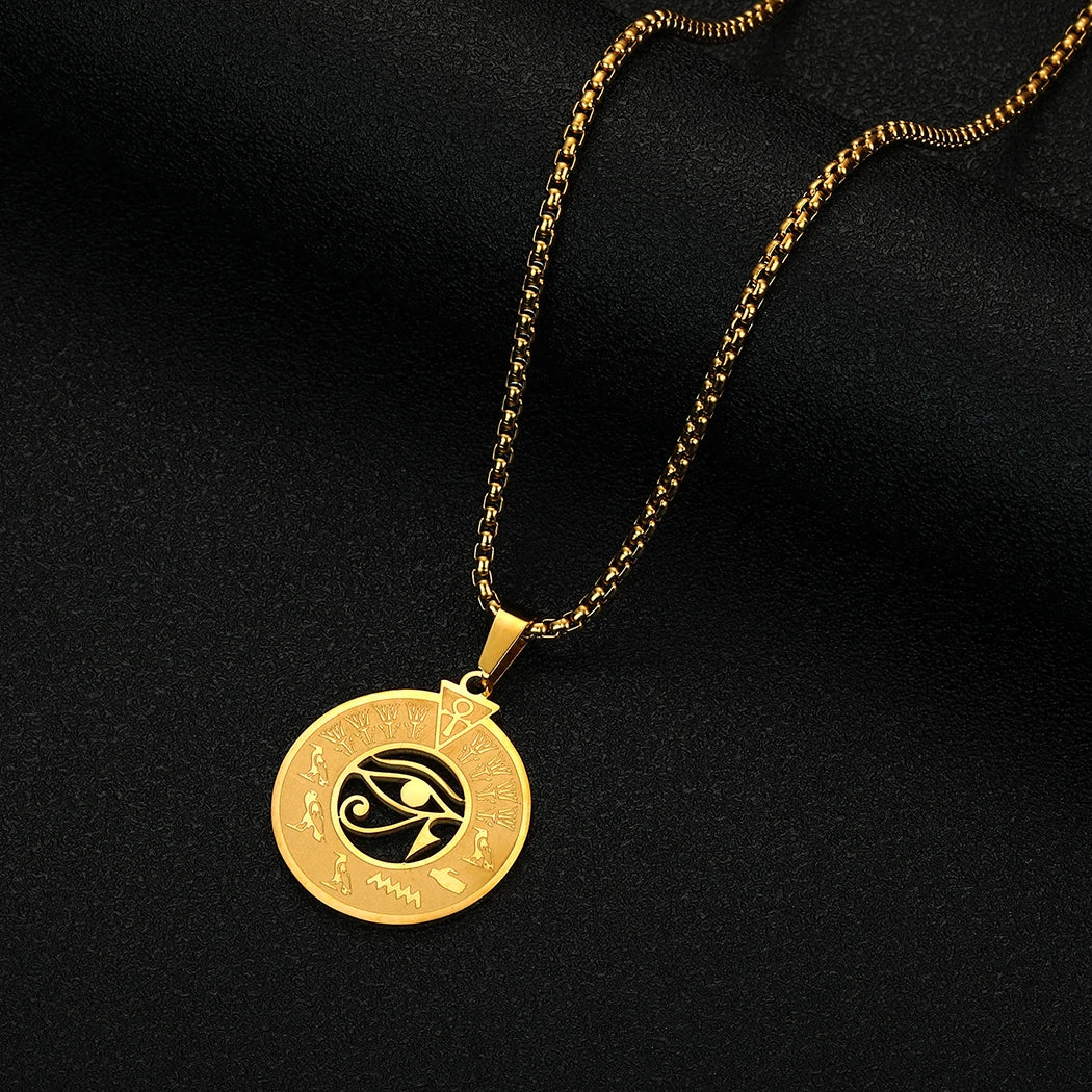 QIMING Handmade Ankh Eyes Of Horus Pendant Necklace Egypt Jewelry Evil Eye Turkish Jewelry Stainless Steel Necklace