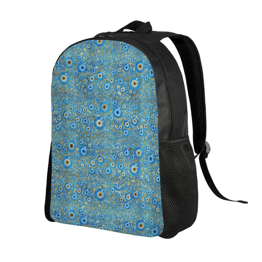 Custom Navy Blue White Mediterranean Evil Eye Mandala Pattern Backpacks Men Casual Bookbag for School College Bohemian Boho Bags