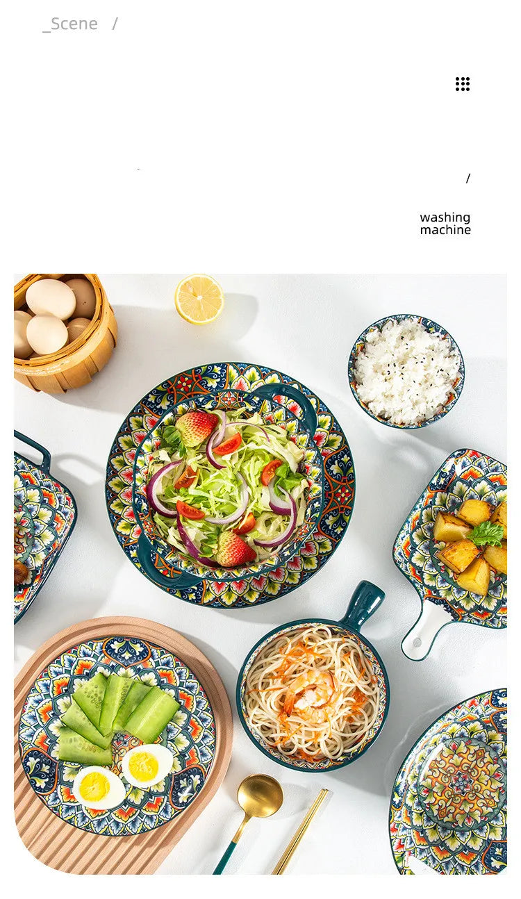 Retro Ceramic Dinner Plates Set Bohemia Style Food Plate Household Tableware Set Breakfast Plates Salad Soup Bowls Dinnerware