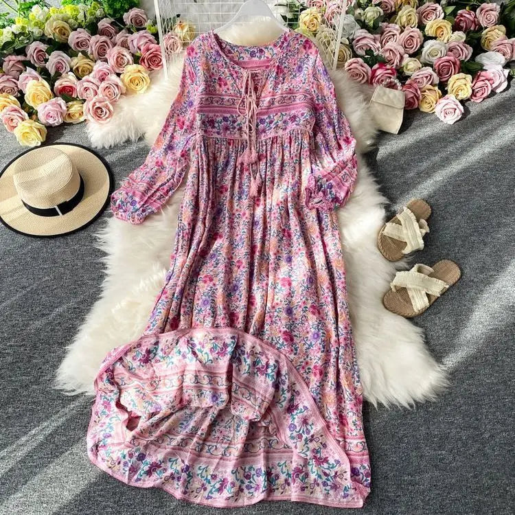 Vintage Women's Beach Skirt Dress Long Sleeve Floral Print Beach Bohemian Straight V-neck Maxi Dress Summer Ladies Dress
