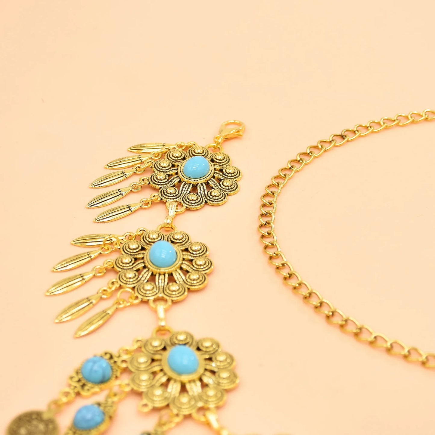 Retro Geometric Carving Waist Chain Turquoise Coins Pendant Luxury Metal Dress Accessories Indian Gypsies Ethnic Jewelry Gift