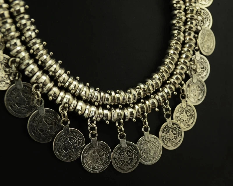 Boho Ethnic Turkish Gypsy Tribal Indian Beach Choker Bib Coin Tassel Collares Necklace For Women Vintage Silvery Afghan Jewelry
