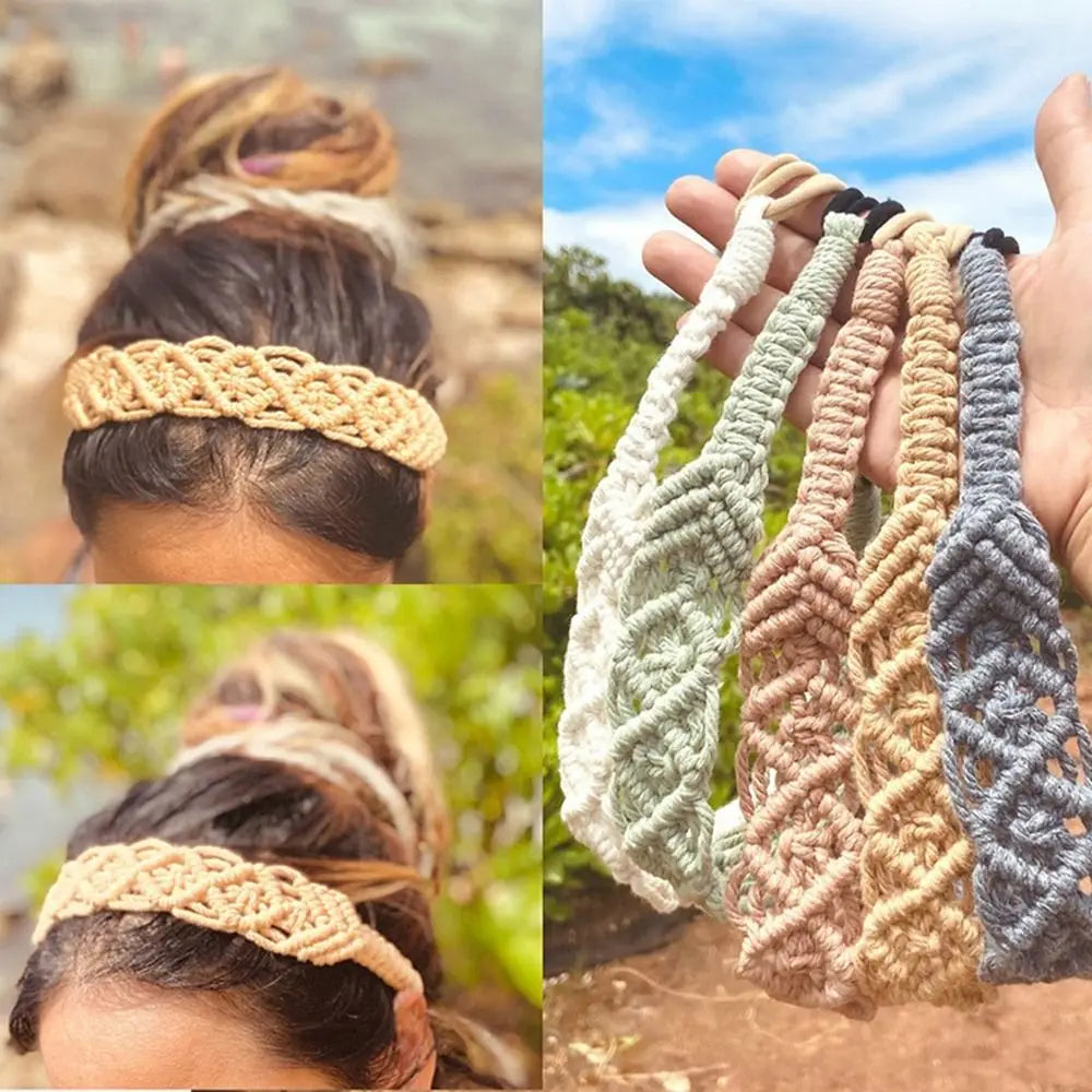 Cute Ethnic Style Flower Turban Headwrap Braided Rope Bohemian Headband Macrame Hair Band Women Hair Scarf Crochet Bandana