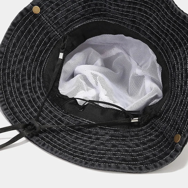 Women Girls Bucket Caps Pure Cotton Denim Stone-Washed Adjustable Safari Booney Sun Hats Wide Brim Adjustalbe