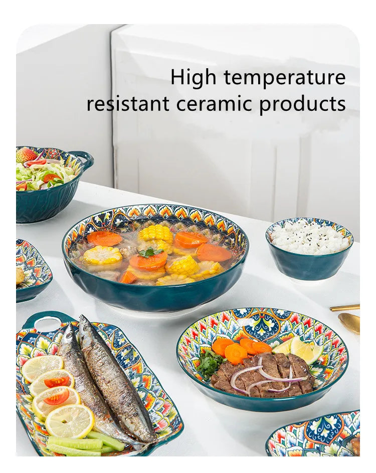 Retro Ceramic Dinner Plates Set Bohemia Style Food Plate Household Tableware Set Breakfast Plates Salad Soup Bowls Dinnerware