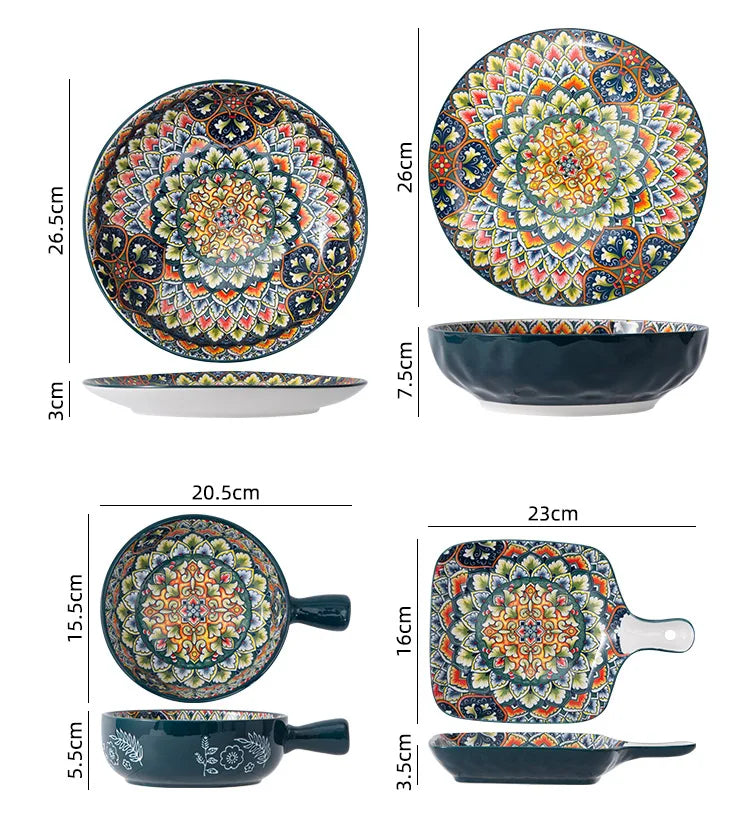 Retro Ceramic Dinner Plates Set Bohemia Style Food Plate Household Tableware Set Breakfast Plates Salad Soup Bowls Dinnerware
