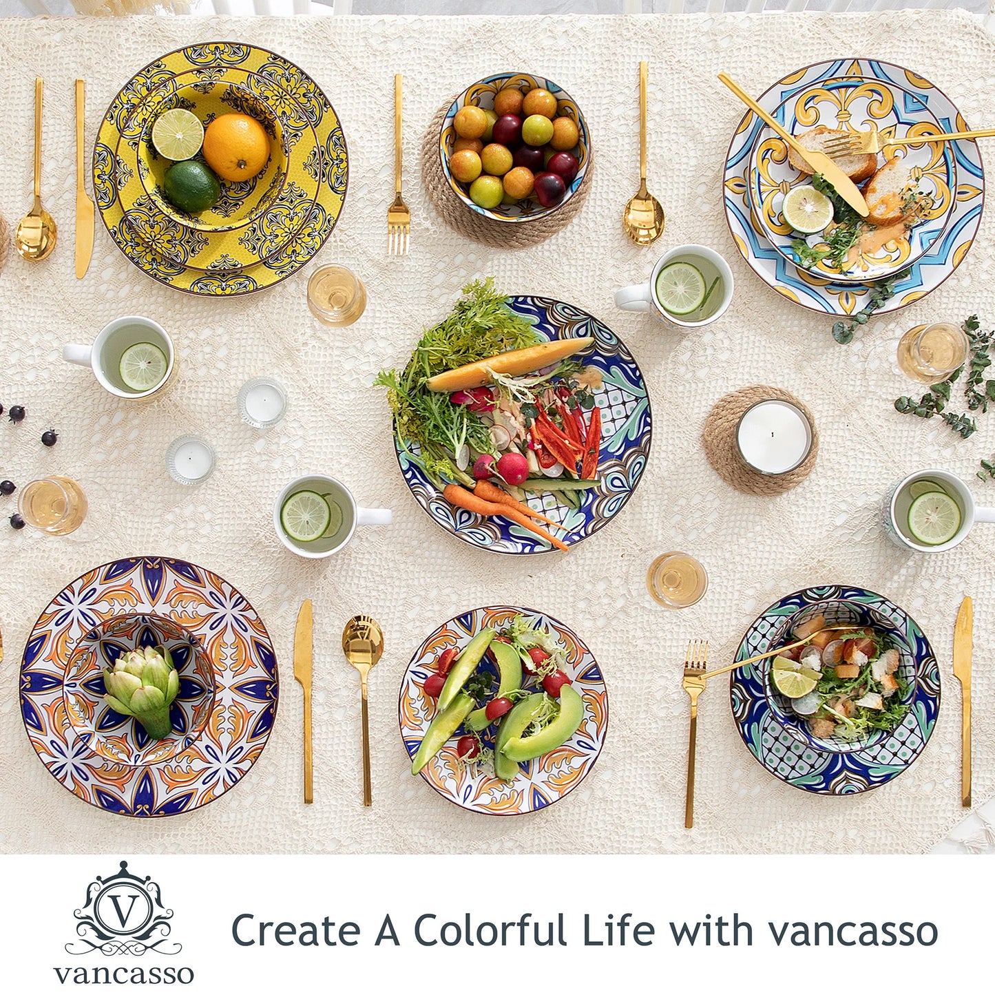 VANCASSO 16/32/48-Piece Jasmin Pattern Porcelain Tableware Dinnerware Dinner Set with Dinner Plate,Dessert Plate,Bowl,Mug Set