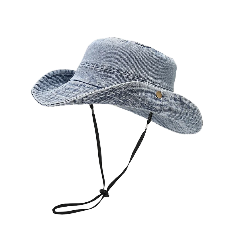 Women Girls Bucket Caps Pure Cotton Denim Stone-Washed Adjustable Safari Booney Sun Hats Wide Brim Adjustalbe