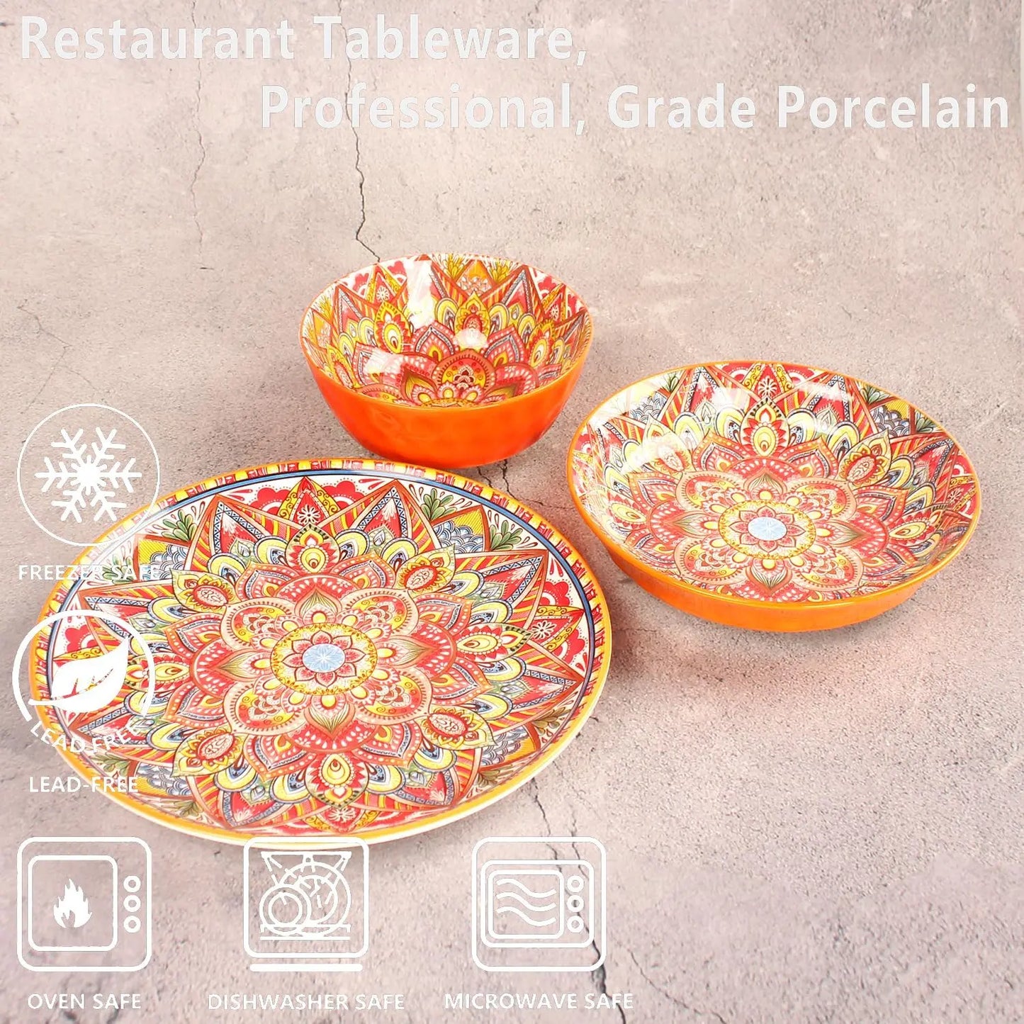 Dinnerware Sets (12 pcs) Serves for 4, Buffet Dinnerware, Boho Plates and Bowls Set with 8.3"salad Plate 10.6"dinner Plate 6.3"b