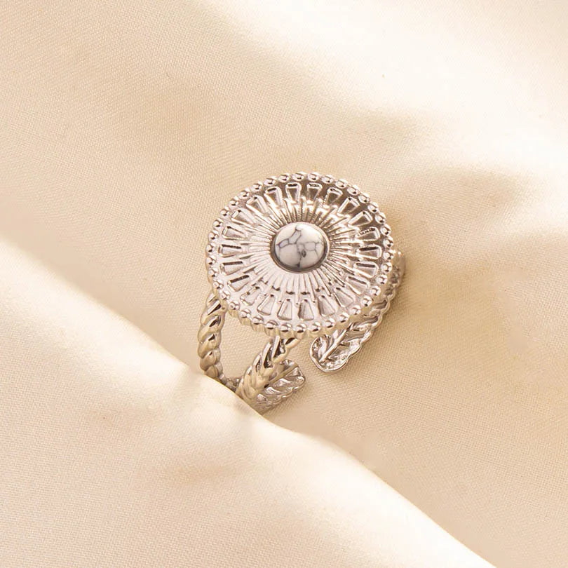 Chic Bohemian White Turquoise Statement Silver Color Ring Stainless Steel Opening Adjustable Boho Ring Jewelry Gifts Never Fade