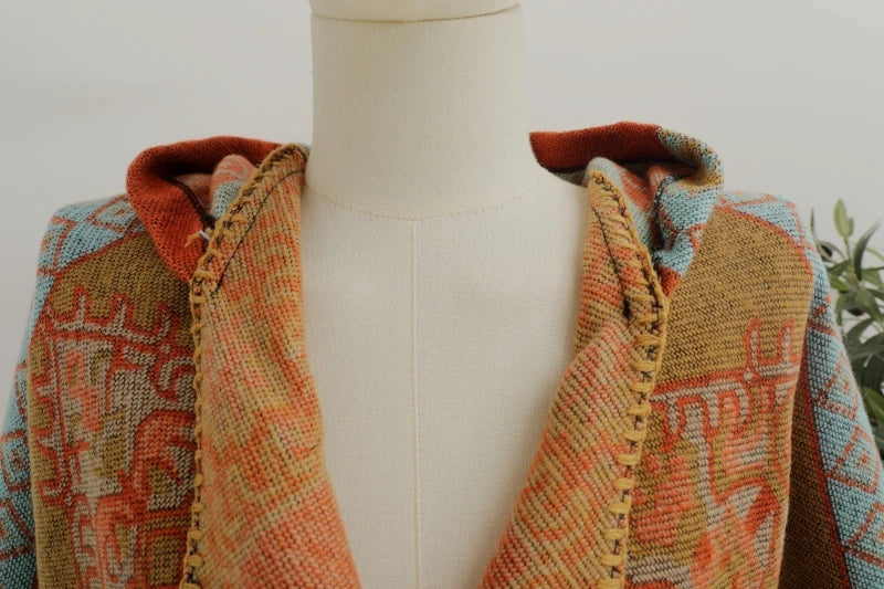 Jastie Retro Ethnic Large Shawl Ladies Fashion New Travel Knitted Hooded Poncho Women Boho Autumn Winter Warm Printed Cape Coats