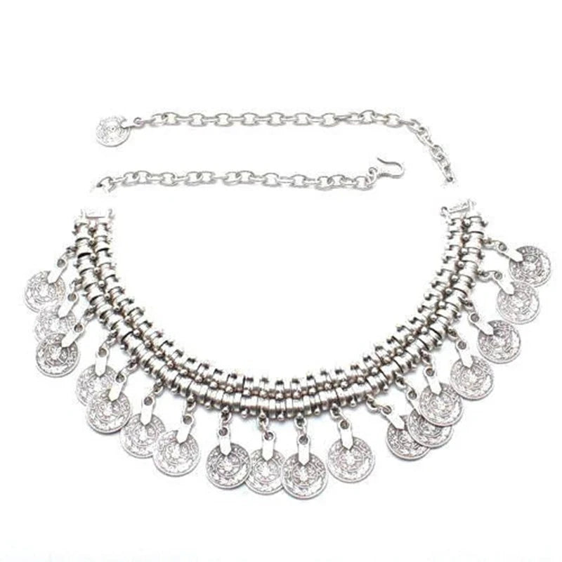Boho Ethnic Turkish Gypsy Tribal Indian Beach Choker Bib Coin Tassel Collares Necklace For Women Vintage Silvery Afghan Jewelry