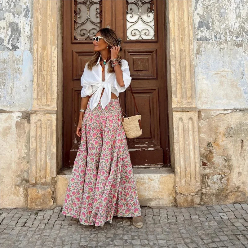 Women Summer Long Skirt Boho Print Skirt Female Floral Beach Maxi Skirts Ladies Vintage Loose Elastic Waist Party Holiday Skirt