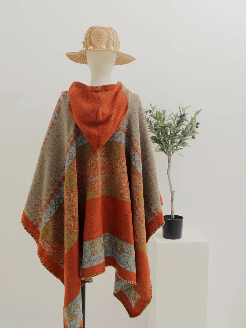 Jastie Retro Ethnic Large Shawl Ladies Fashion New Travel Knitted Hooded Poncho Women Boho Autumn Winter Warm Printed Cape Coats