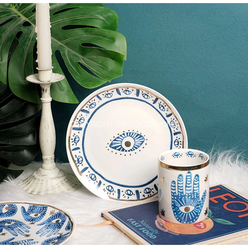 Medicci Home GG Style Decor Bright Eyes Ceramic Dinner Plate Boho Art Ornate Round Salad Dessert Plate For Party 8 Inch Diameter