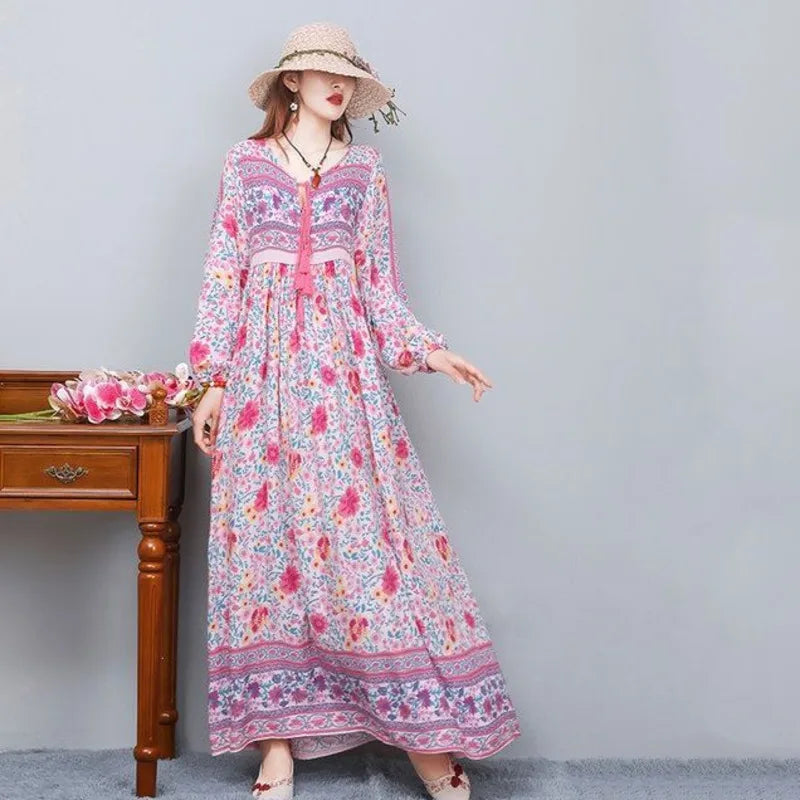 Vintage Women's Beach Skirt Dress Long Sleeve Floral Print Beach Bohemian Straight V-neck Maxi Dress Summer Ladies Dress