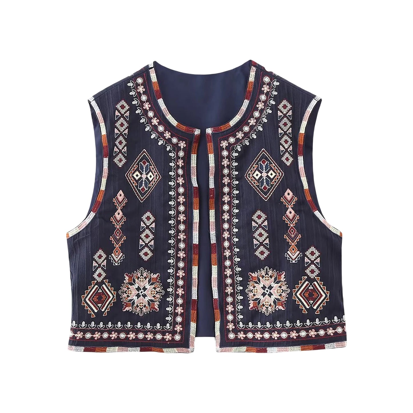 Combhasaki Women's Y2K Vintage Aesthetic Embroidery Vest Sleeveless Cardigan Round Neck Open Front Cropped Jackets Boho Outwear