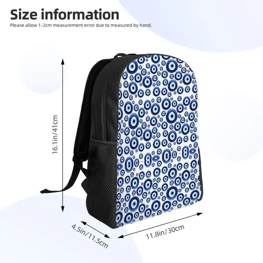 Custom Navy Blue White Mediterranean Evil Eye Mandala Pattern Backpacks Men Casual Bookbag for School College Bohemian Boho Bags