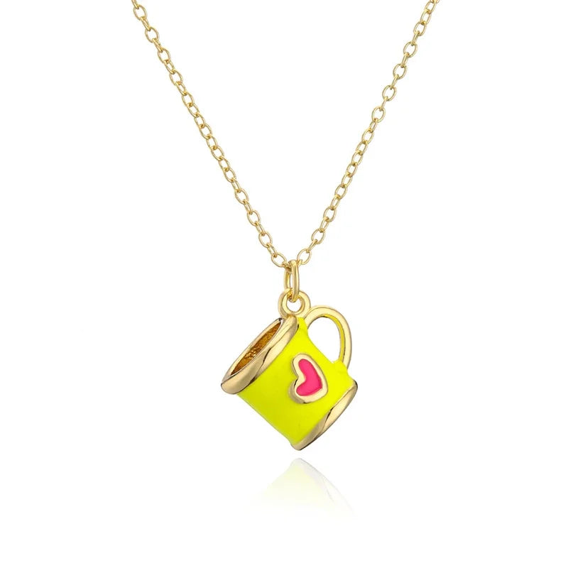 Boho Hand Made Tea Cup Necklace Pendant Woman Collier Long Gold Color Sweater Chain Clothing Enamel Collane Jewelry New