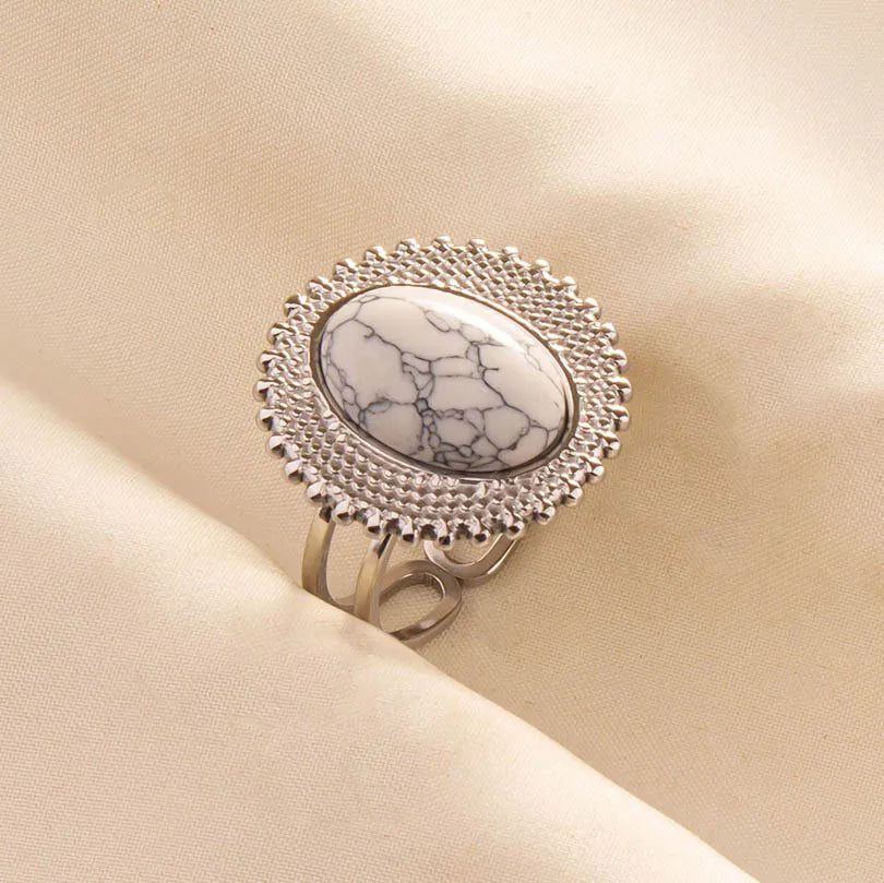 Chic Bohemian White Turquoise Statement Silver Color Ring Stainless Steel Opening Adjustable Boho Ring Jewelry Gifts Never Fade