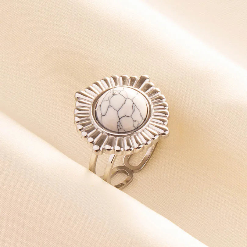 Chic Bohemian White Turquoise Statement Silver Color Ring Stainless Steel Opening Adjustable Boho Ring Jewelry Gifts Never Fade