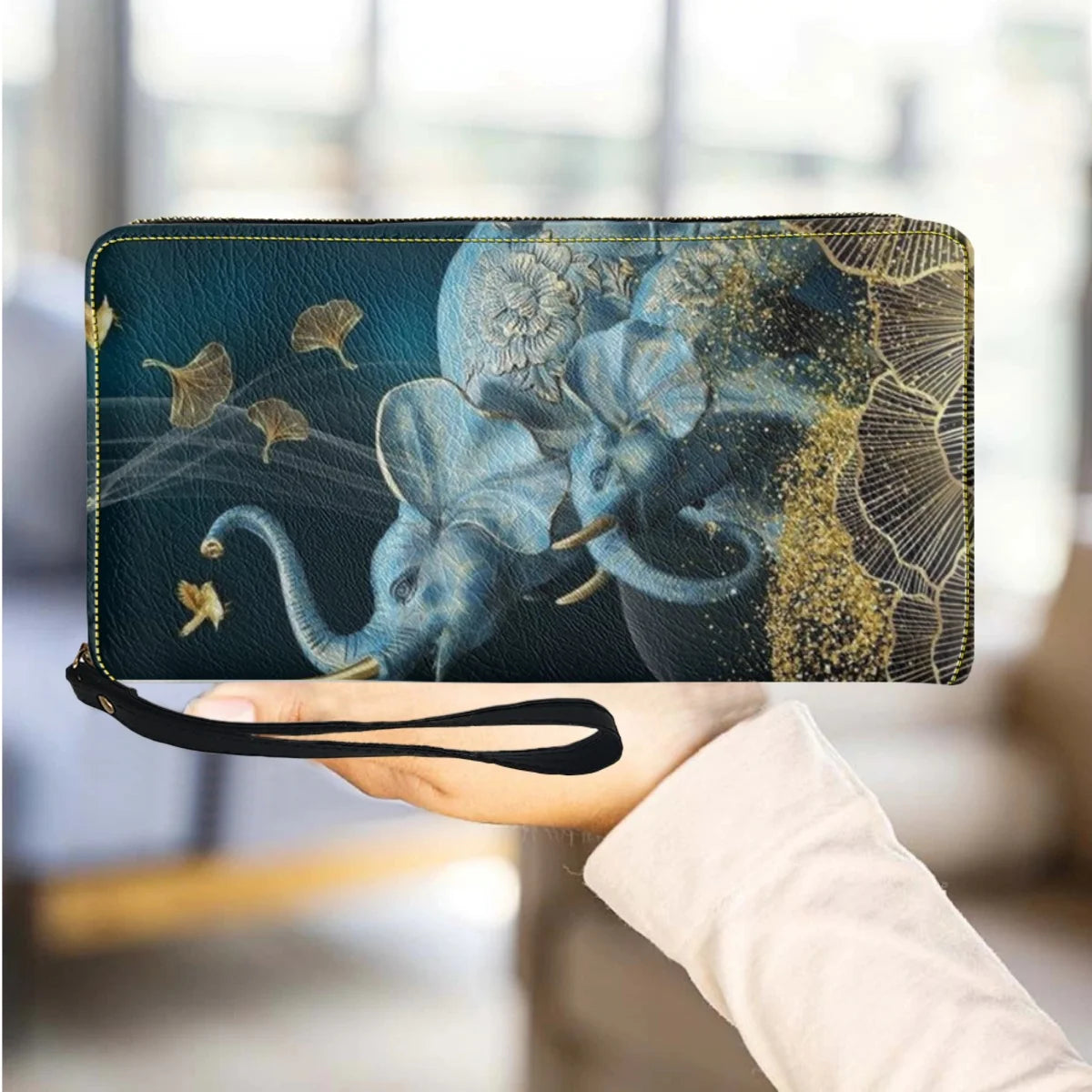 Bohemian Elephant Print Luxury PU Leather Party Clutch Long Zipper Elegant Clutch Business Card Holder High Quality Wallet Femal