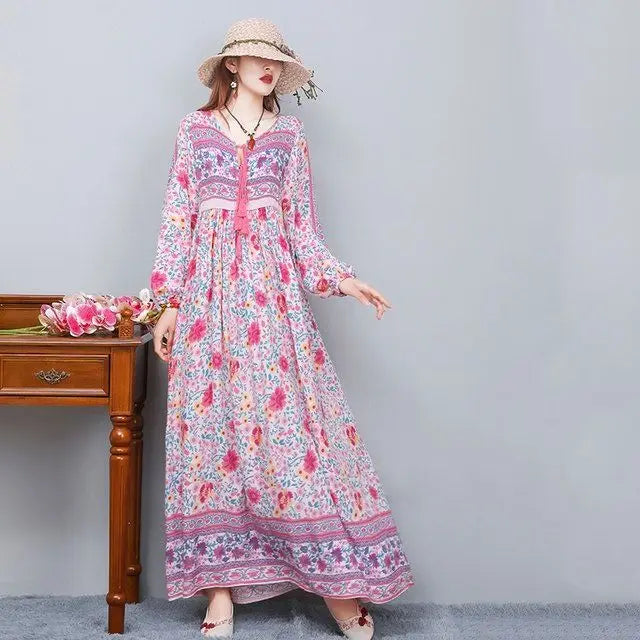 Vintage Women's Beach Skirt Dress Long Sleeve Floral Print Beach Bohemian Straight V-neck Maxi Dress Summer Ladies Dress