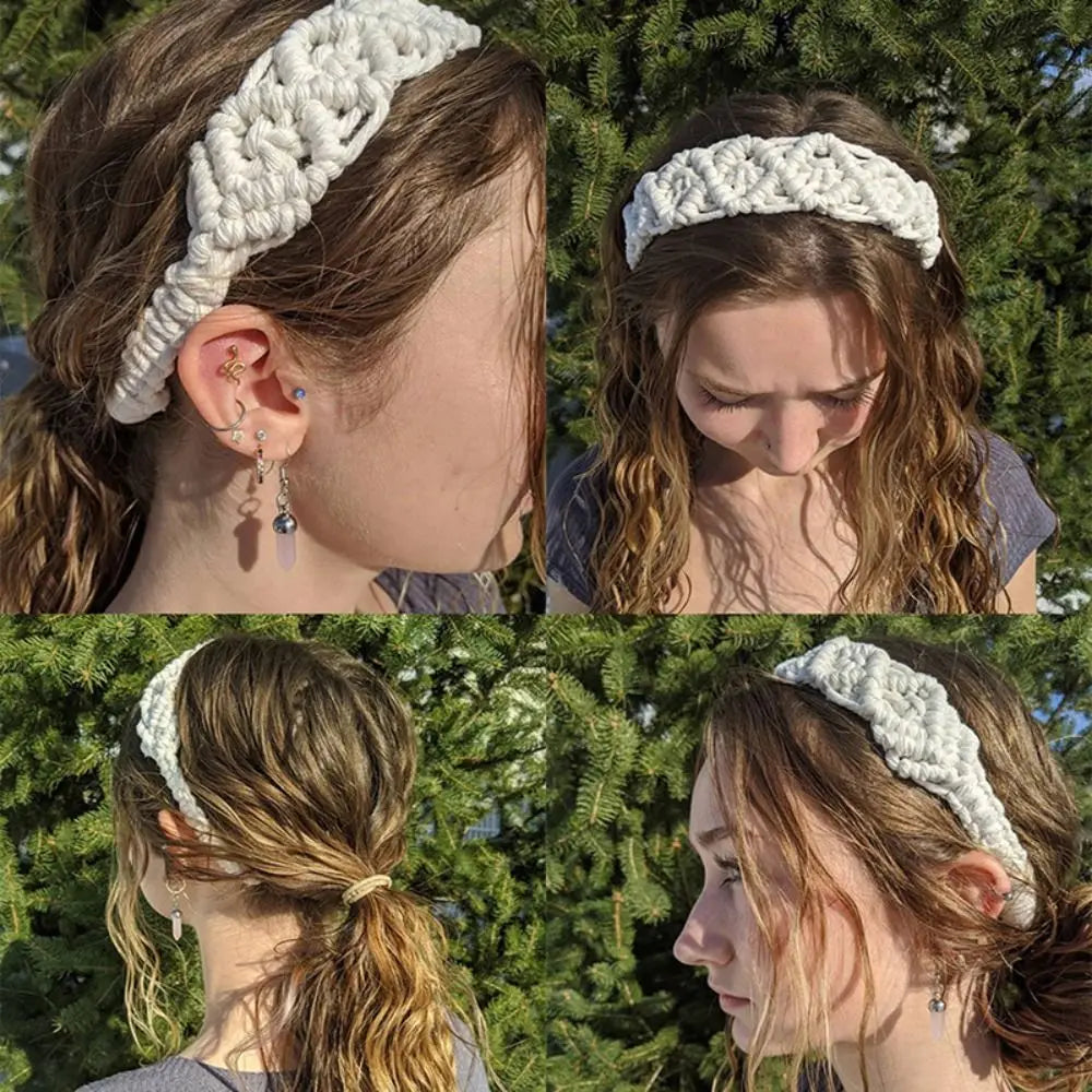 Cute Ethnic Style Flower Turban Headwrap Braided Rope Bohemian Headband Macrame Hair Band Women Hair Scarf Crochet Bandana