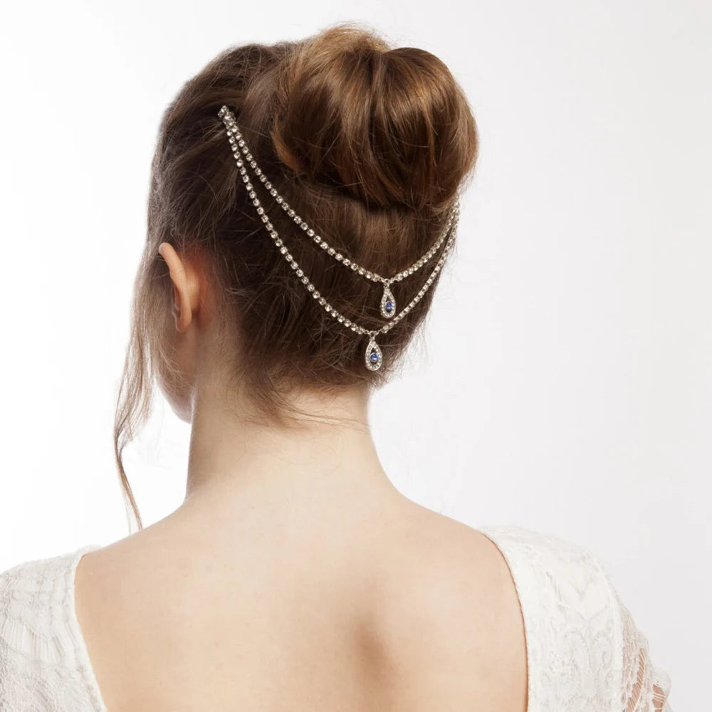 Gorgeous Lady Wedding Hair Comb Chain Water Drop Boho Tiara Accessories Charming Pendant Rhinestone Headdress Jewelry for Bridal