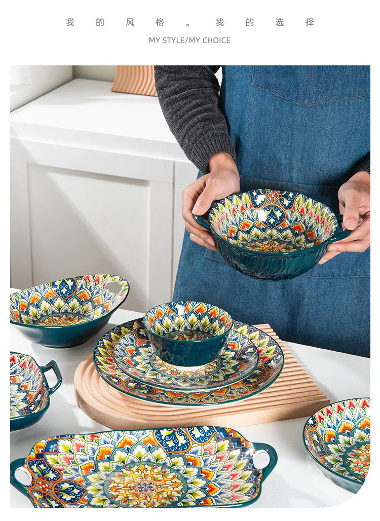 Retro Ceramic Dinner Plates Set Bohemia Style Food Plate Household Tableware Set Breakfast Plates Salad Soup Bowls Dinnerware