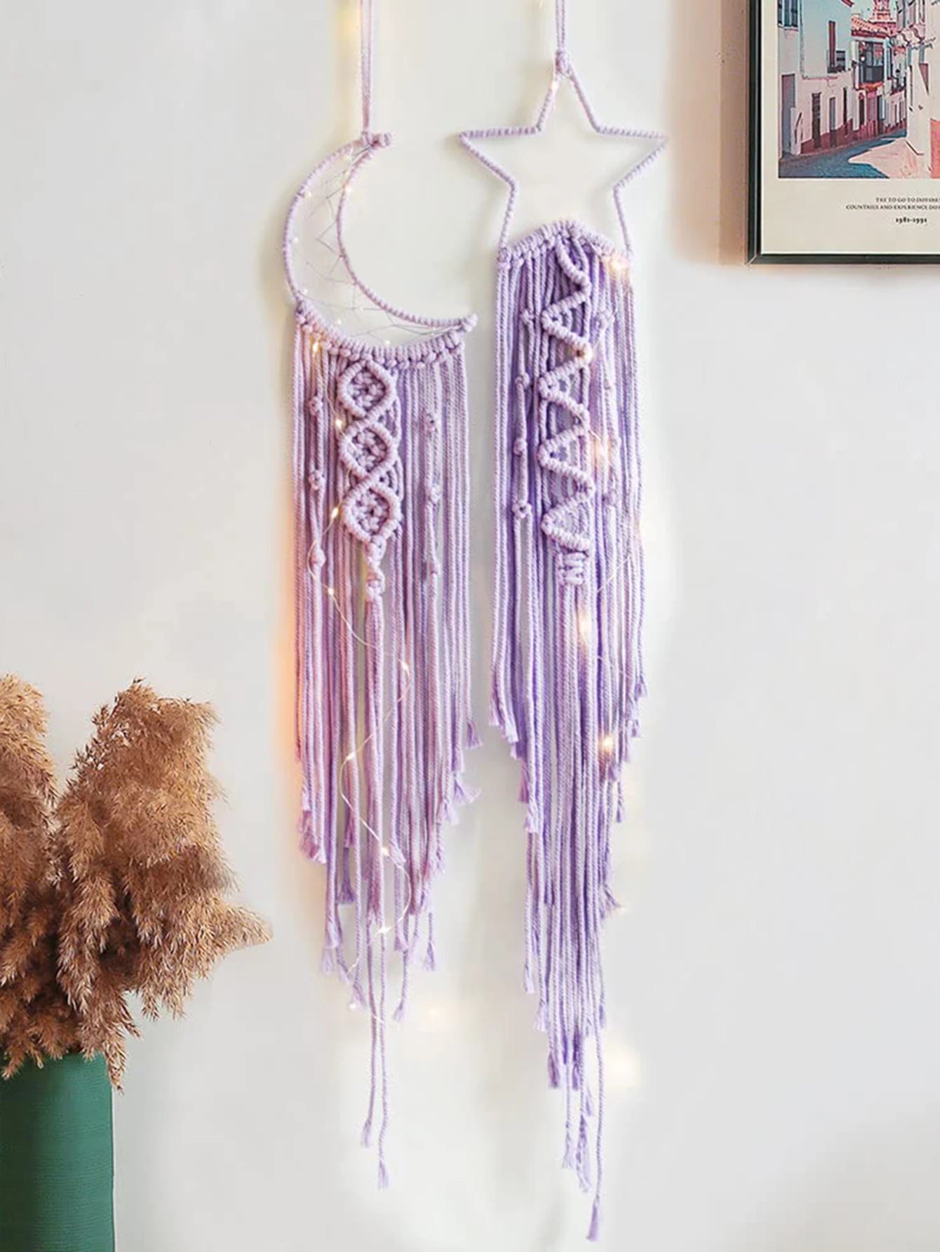 2Pcs Moon Star Macrame Dream Catcher Beige Pink Purple Tapestry Boho Home Decoration Macrame Wall Hanging Christmas Gift Kawaii
