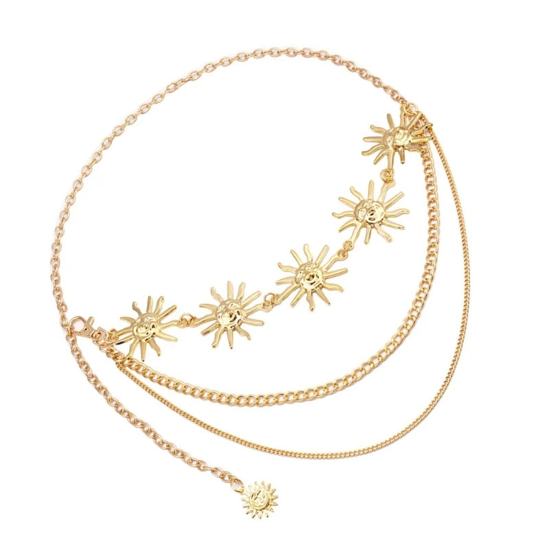 Gold Tone Body Chain Sun/Moon Waist Chain for Stylish Ladies Adjustable Length Metal Waistband for Music Festivals