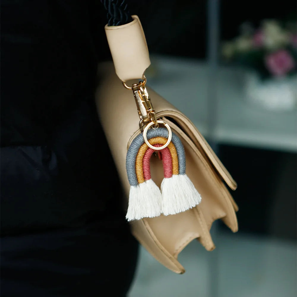 Fashion Rainbow Keychain Bohemian Tassel Key Chain Car Keyring Holder Women Girl Bag Ornaments Handbag Charms Wallet Purse Decor