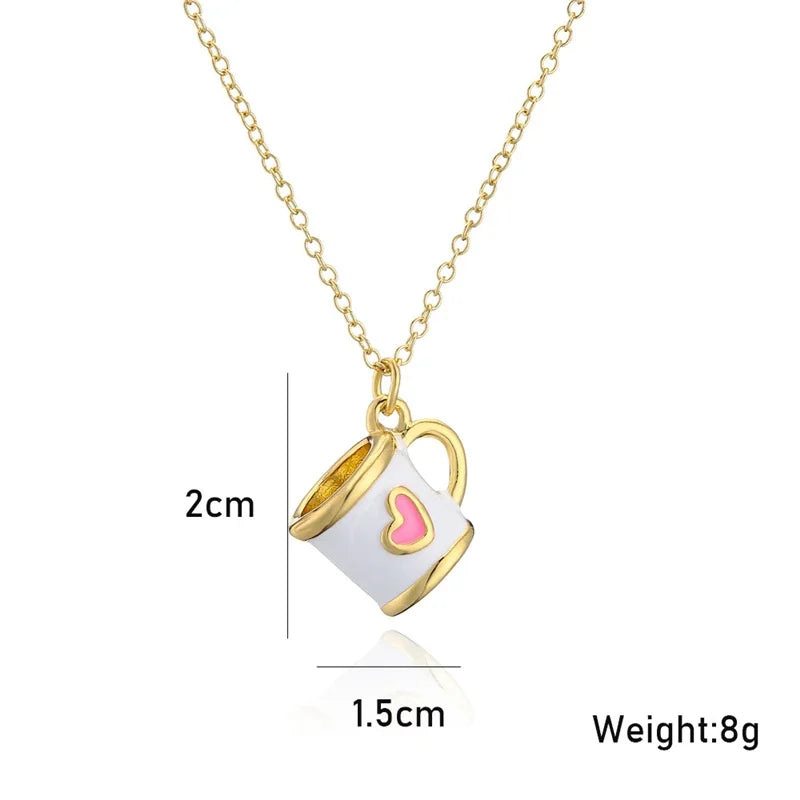 Boho Hand Made Tea Cup Necklace Pendant Woman Collier Long Gold Color Sweater Chain Clothing Enamel Collane Jewelry New