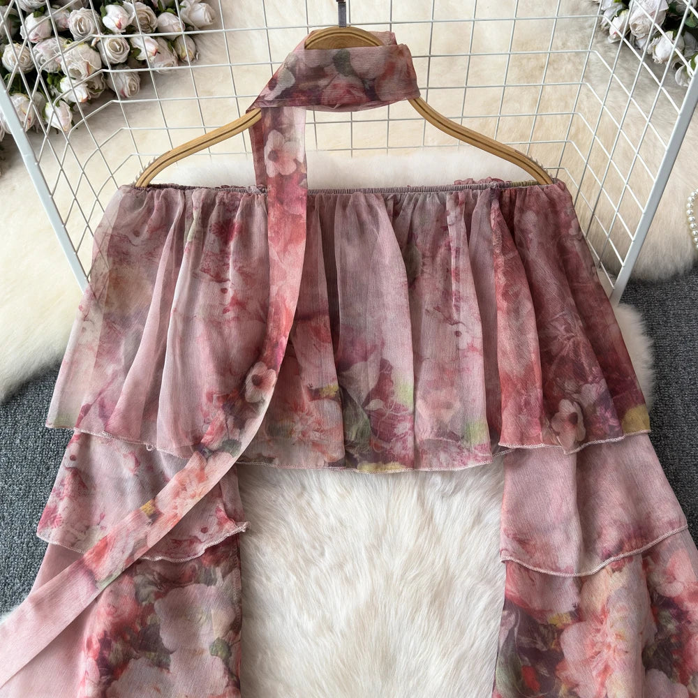 Holiday Ruffles Beach Skirts Suit Women Fashion Off Shoulder Floral Chiffon Tops  High Waist Mini Skirt Womens Two Peice Sets