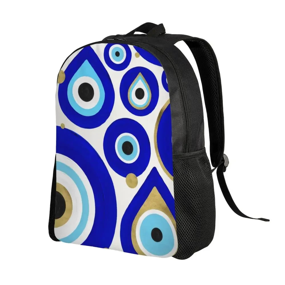 Custom Navy Blue White Mediterranean Evil Eye Mandala Pattern Backpacks Men Casual Bookbag for School College Bohemian Boho Bags