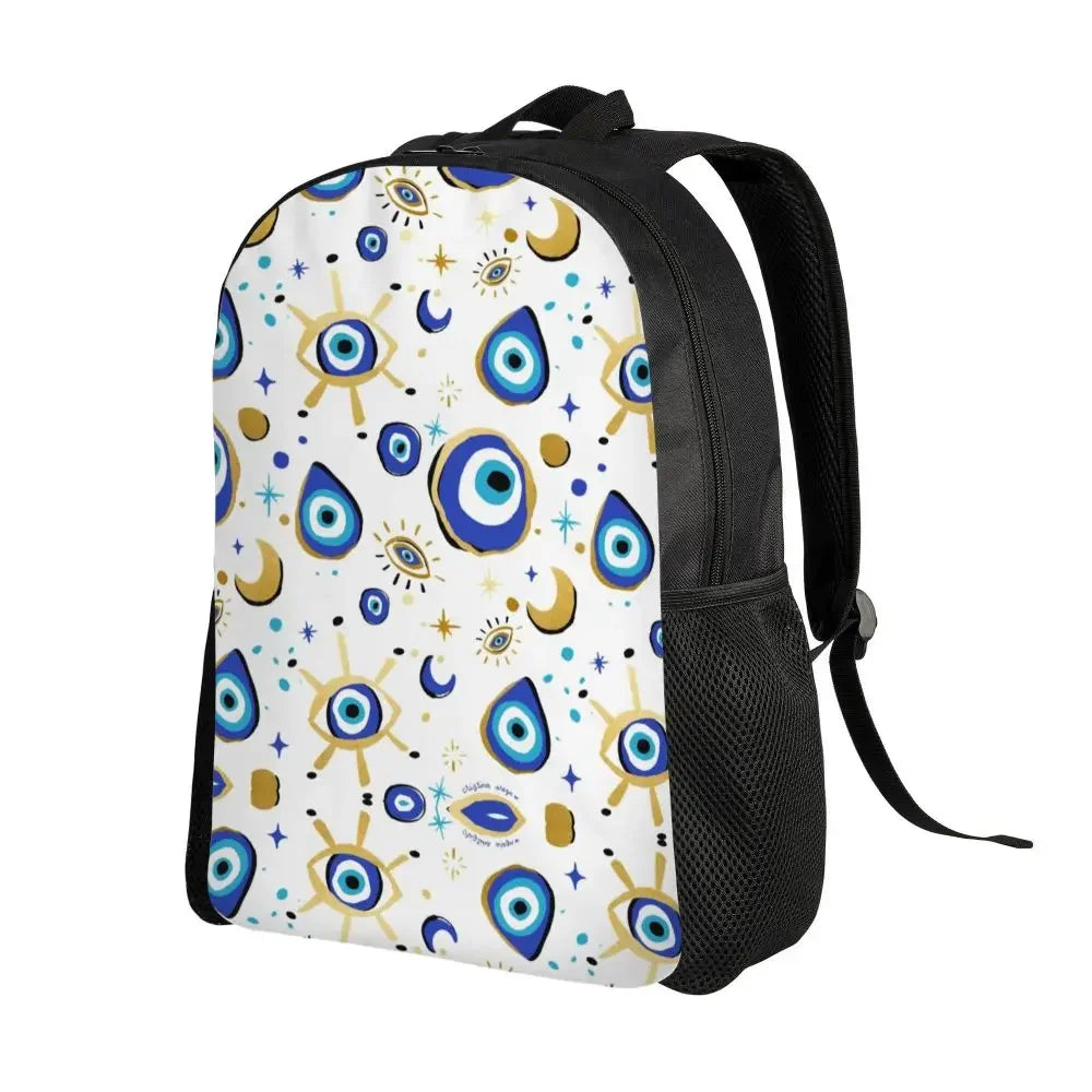 Custom Navy Blue White Mediterranean Evil Eye Mandala Pattern Backpacks Men Casual Bookbag for School College Bohemian Boho Bags