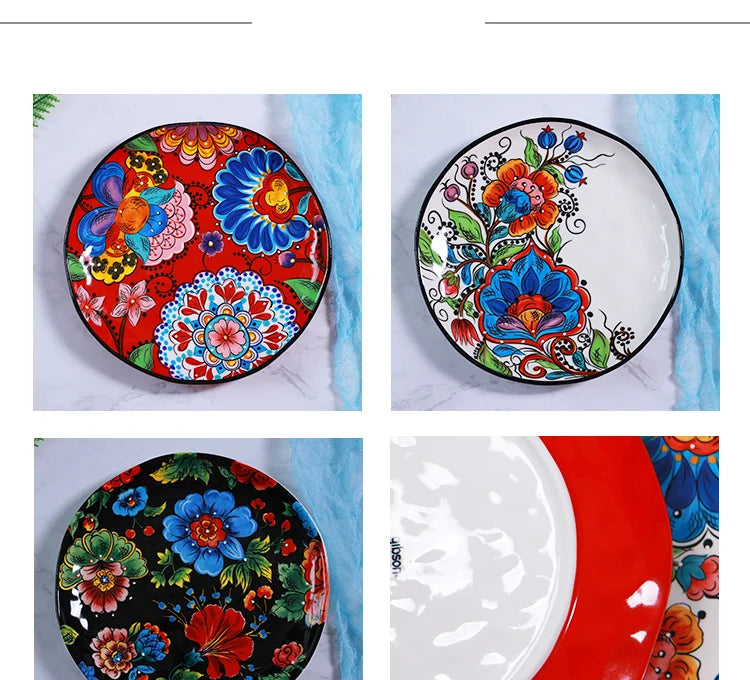 Creative Boho Ceramic Plate European Classical Painted Steak Pasta Dinner Plates Restaurant Hotel Serving Tray Home Tableware