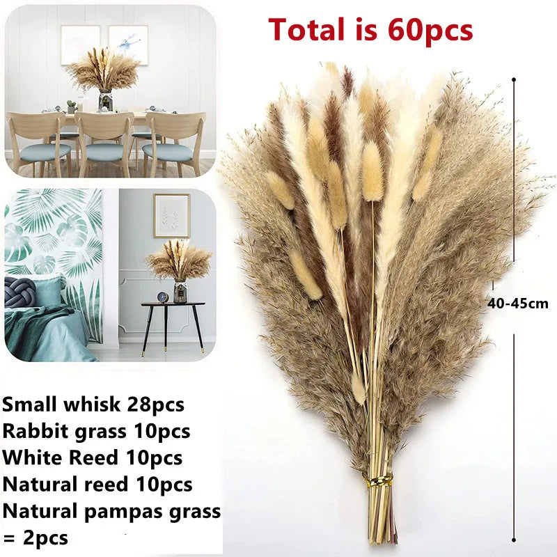 60PCS Dry Flower For Decoration Pampas Grass Boho Home Decor Country Wedding Accessories Deco Dried Flowers Dekoration Pampa
